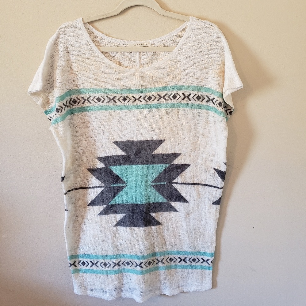 Luna Chic USA grey and mint Aztec print tunic sz s